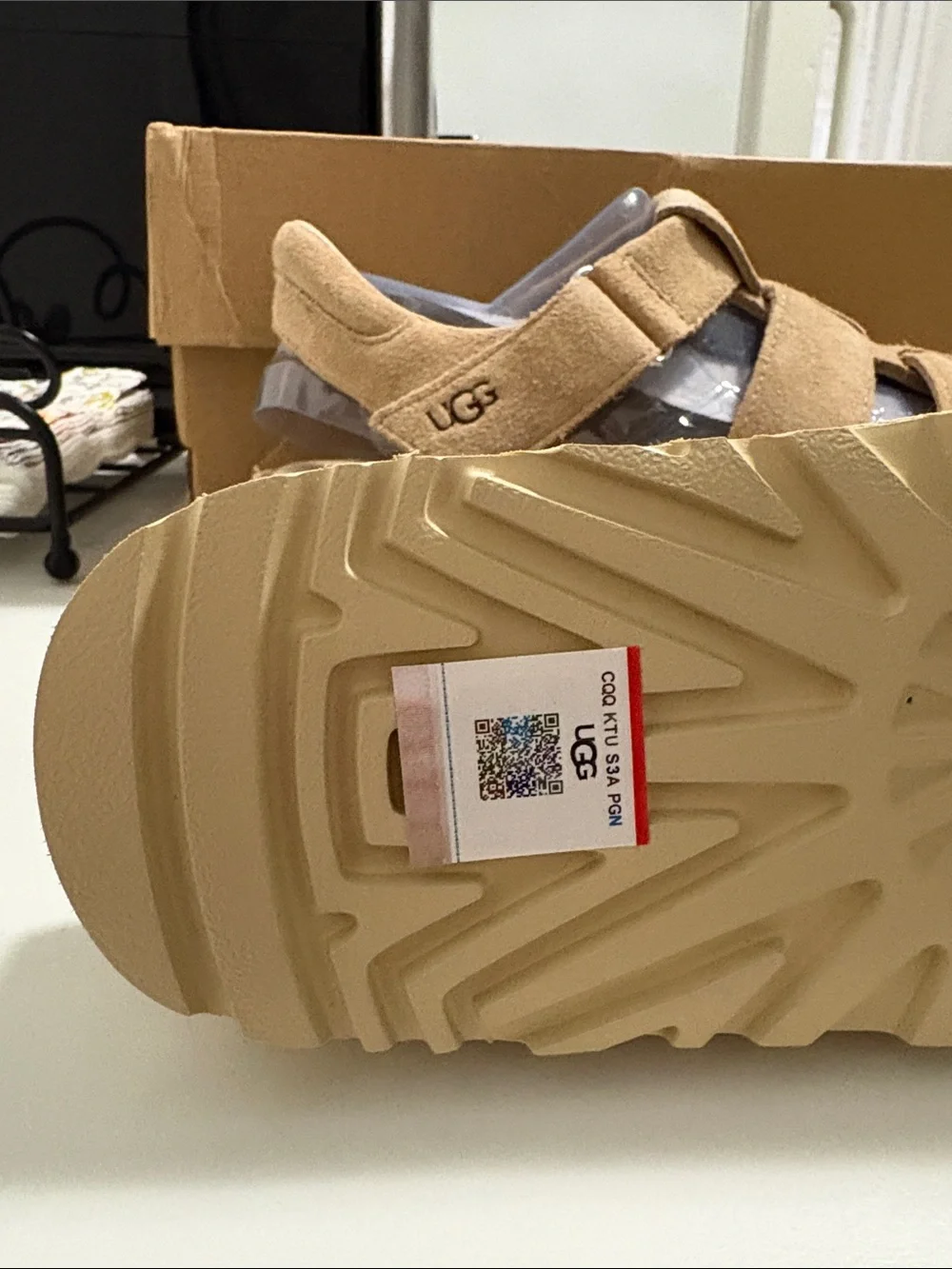 UGG Kids Beige Suede Fisherman Sandal with Hook-and-Loop Strap